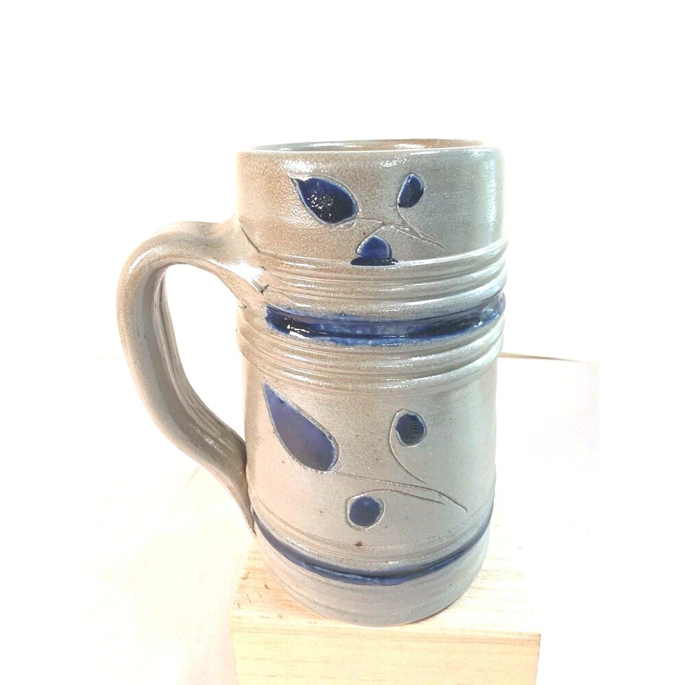 Williamburg Pottery Handmade Cobalt Salt Glaze Stoneware Mug Gray & Blue Leaf